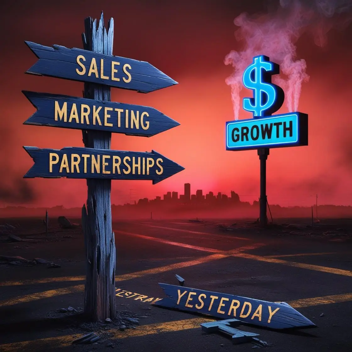 A wooden signpost with arrows for _Sales,_ _Marketing,_ and _Partnerships,_ beside a neon _Growth_ sign against a dark skyline A wooden signpost with arrows for _Sales,_ _Marketing,_ and _Partnerships,_ beside a neon _Growth_ sign against a dark skyline
